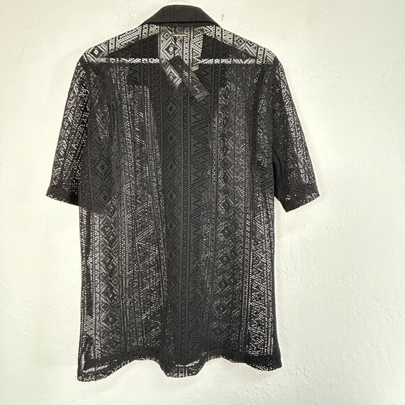 Manière De Voir Mens Black Sheer Pattern Short Sleeve Button-Up Shirt Large New - Picture 2 of 7